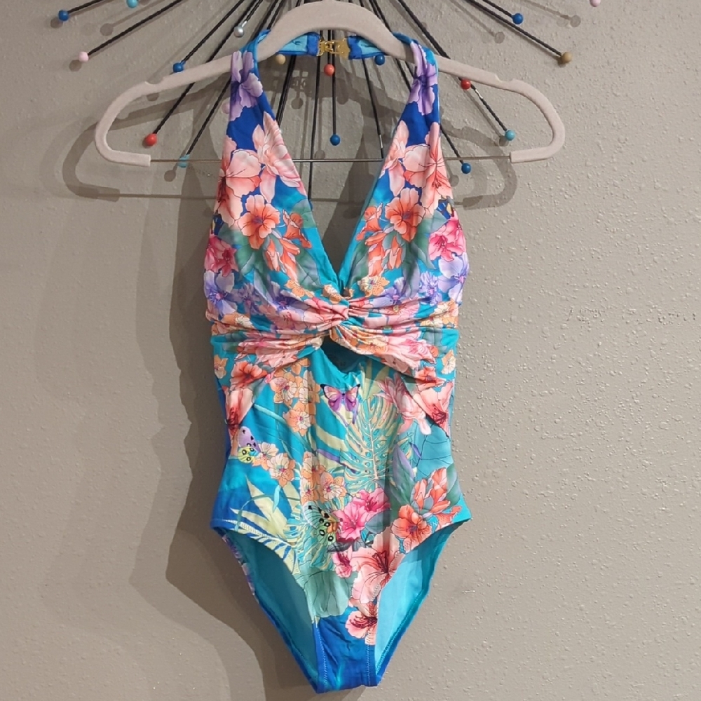 Johnny Was California Floral One Piece Swimsuit  Altered Halter Top XS